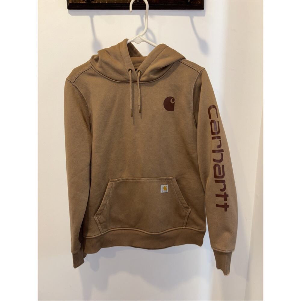 Carhartt Sweatshirt Hoodie Tan With Brown Logos Womens Size Medium 8-10
